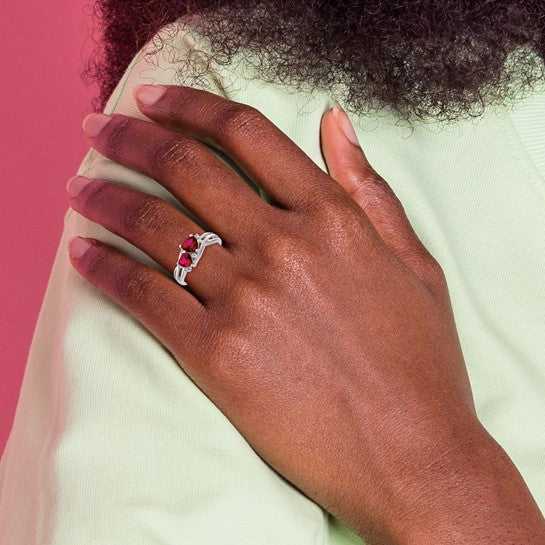 Created Ruby and Diamond Double Heart Ring 10K White Gold