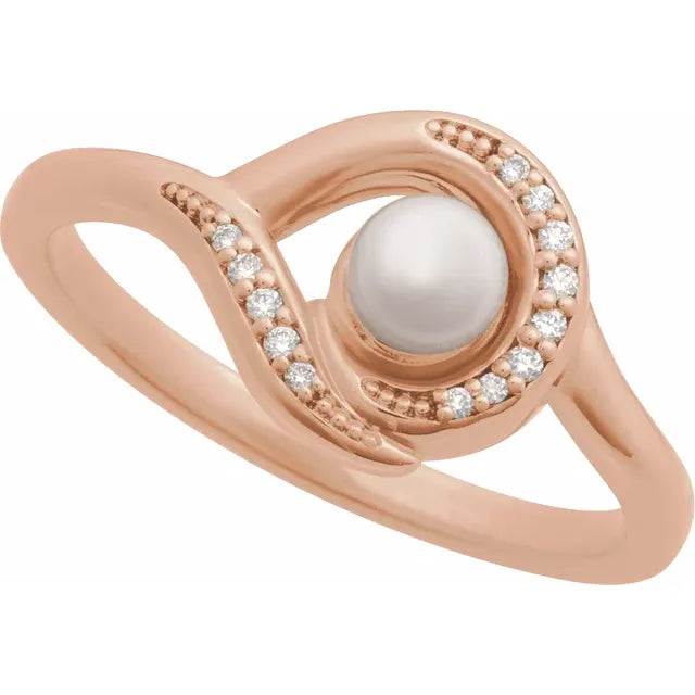 14K Rose Cultured Akoya Pearl & .05 CTW Natural Diamond Ring