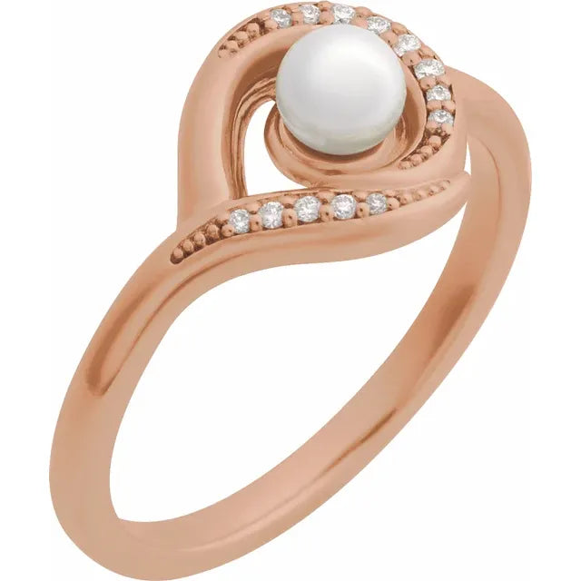 14K Rose Cultured Akoya Pearl & .05 CTW Natural Diamond Ring