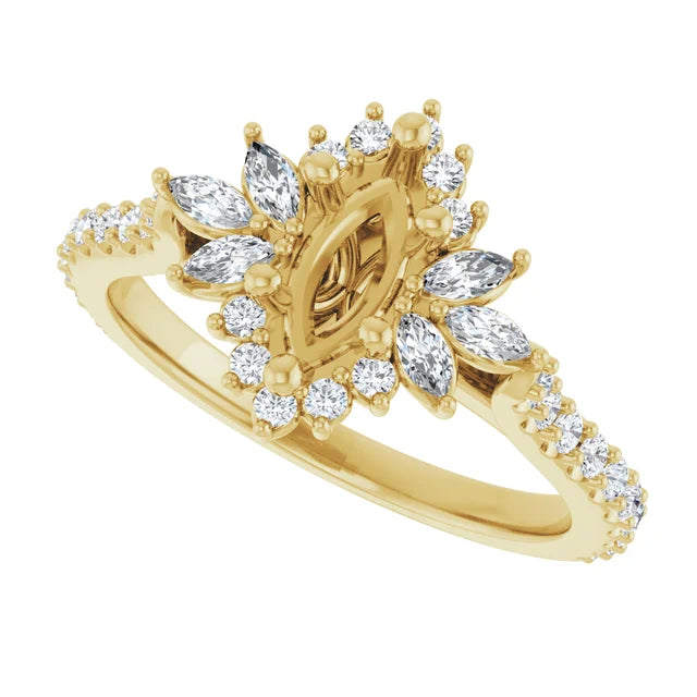 14K Yellow 8x4 mm Marquise 1/2 CTW Natural Diamond Semi-Set Halo-Style Engagement Ring