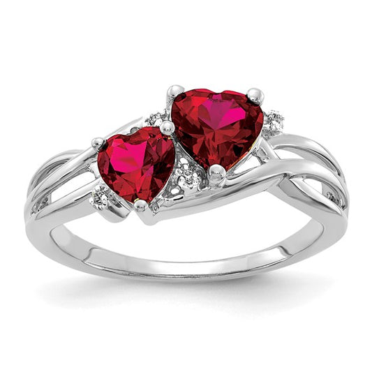 Created Ruby and Diamond Double Heart Ring 10K White Gold